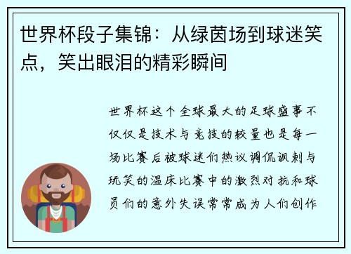 世界杯段子集锦：从绿茵场到球迷笑点，笑出眼泪的精彩瞬间